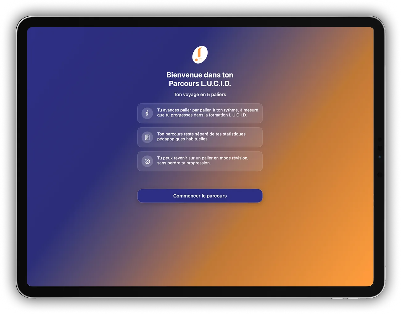 Sur iPad, l'écran d'accueil du parcours L.U.C.I.D. et ses cinq paliers