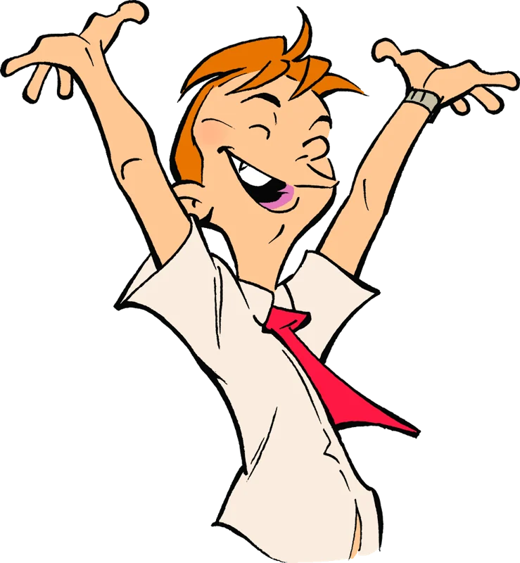 The student, arms raised